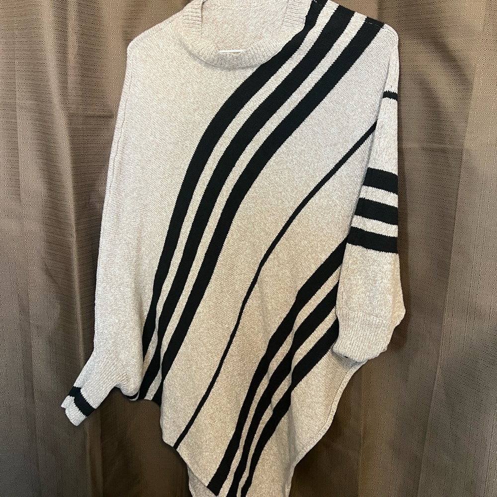 SHEIN Cream and Black Striped Turtleneck Poncho